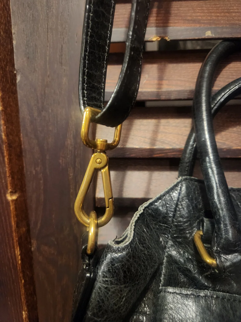 Elliott Lucca Black Leather Crossbody Satchel with Gold Hardware